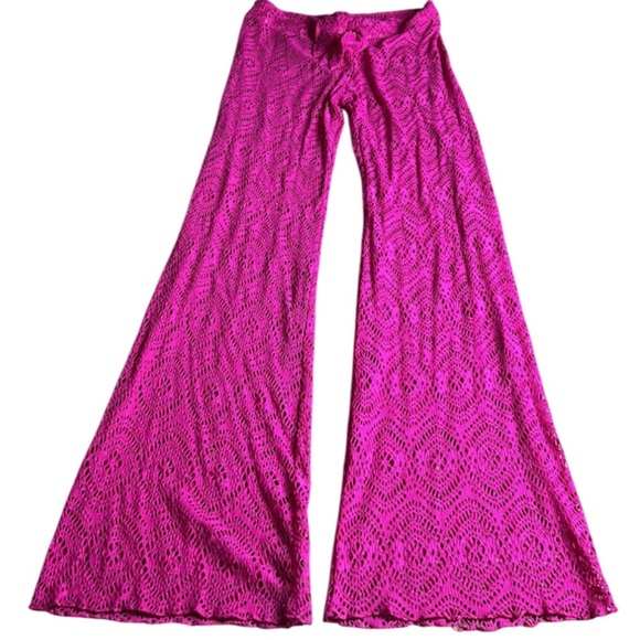 BECCA by Rebecca Virtue Boho Crochet Lace Beach Cover Up Pants - Fuchsia- Small - Picture 2 of 12